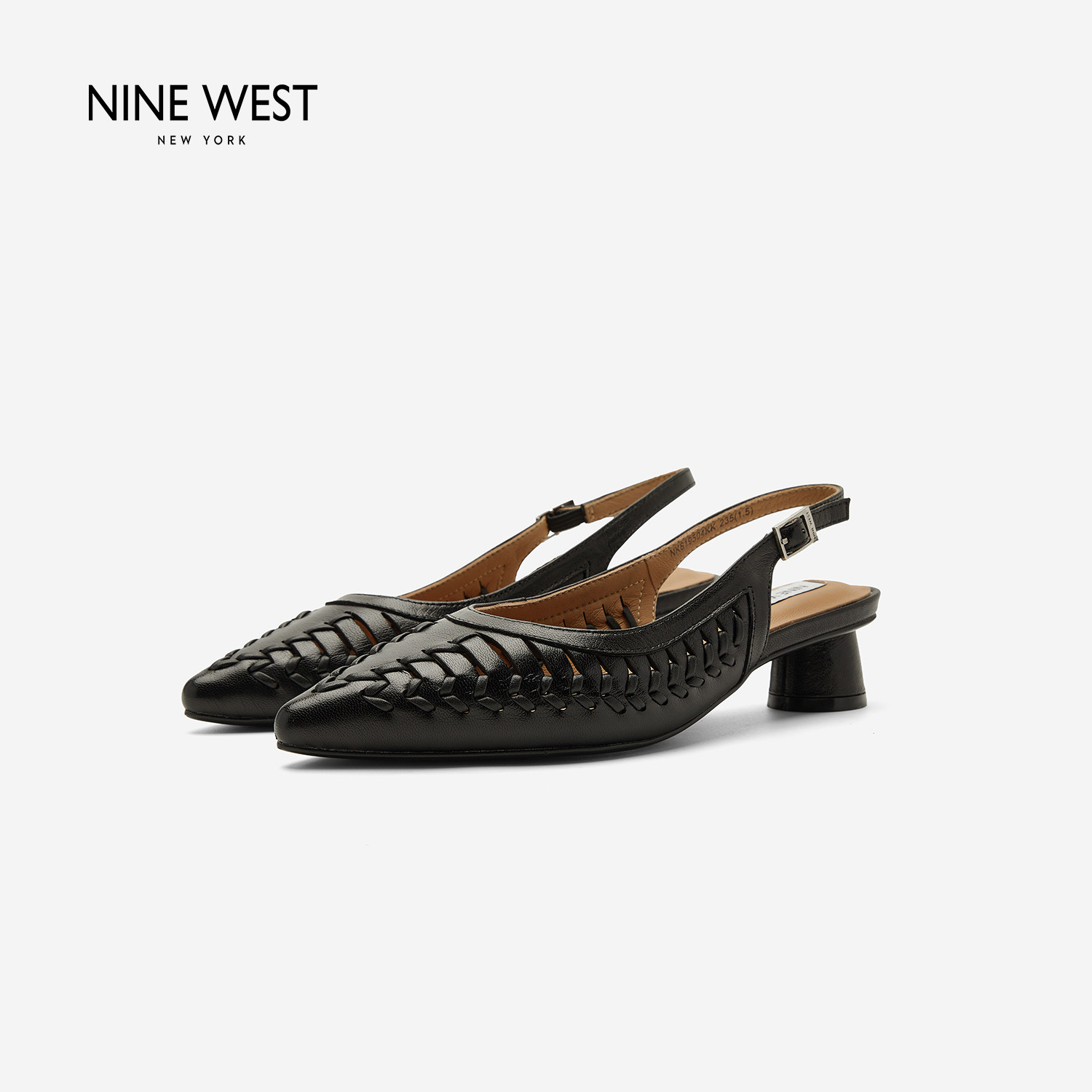 奥莱专供Nine West/玖熙羊皮编织包头凉鞋女尖头粗跟通勤增高女鞋