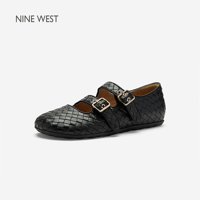 奥莱专供Nine West/玖熙玛丽珍鞋女双袢带编织百搭复古平底单鞋