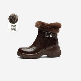 靴女靴子 玖熙加绒短靴女羊皮棕色厚底增高时装 奥莱专供Nine West