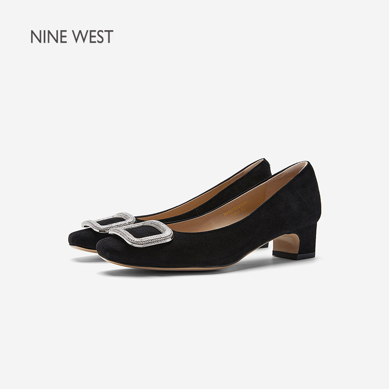 奥莱专供Nine West/玖熙通勤风绒面水钻方扣浅口单鞋女粗跟百搭鞋