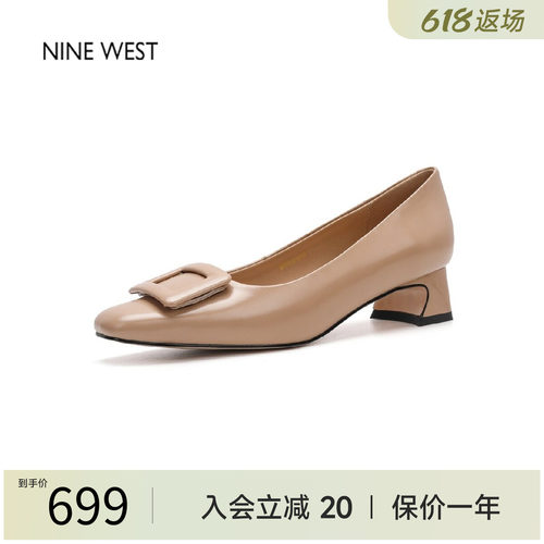 玖熙通勤方扣粗跟漆皮浅口单鞋