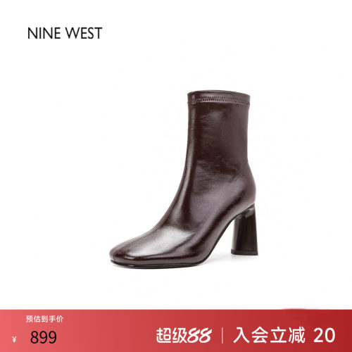 奥莱专供Nine West/玖熙棕色短靴女秋冬美拉德风显瘦粗高跟女靴