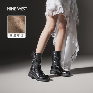 Nine 玖熙骑士靴子女秋冬真皮瘦瘦靴厚底马丁靴显瘦加绒短靴 West