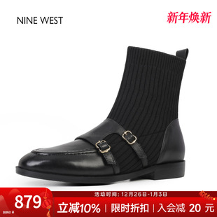 奥莱专供Nine 玖熙英伦风复古圆头弹力瘦瘦靴袜靴粗跟短靴冬 West