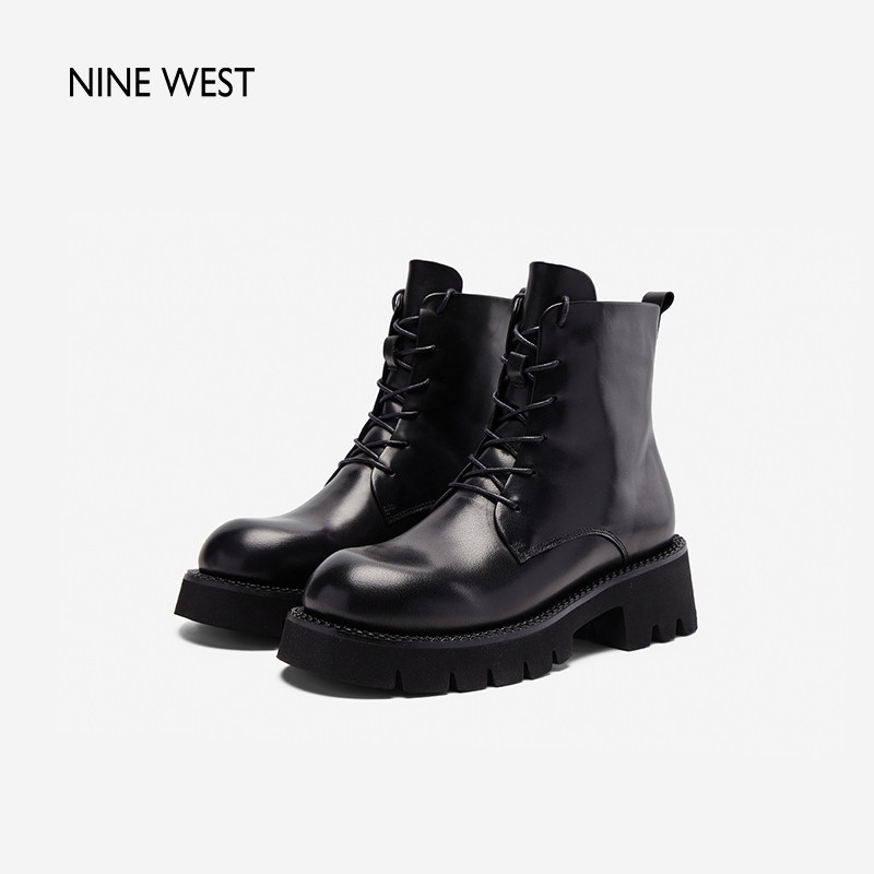 Nine West/玖熙英伦风厚底马丁靴女秋冬绒里短靴增高百搭机车靴