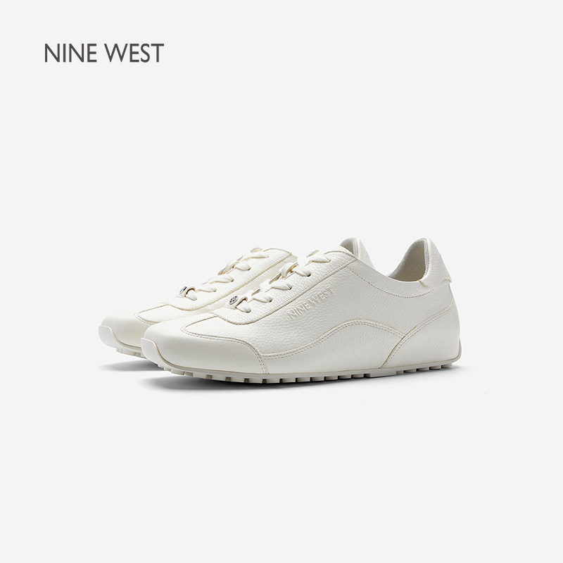 Nine West/玖熙毛毛鞋带小白鞋女平底秋季圆头系带复古芭蕾德训鞋