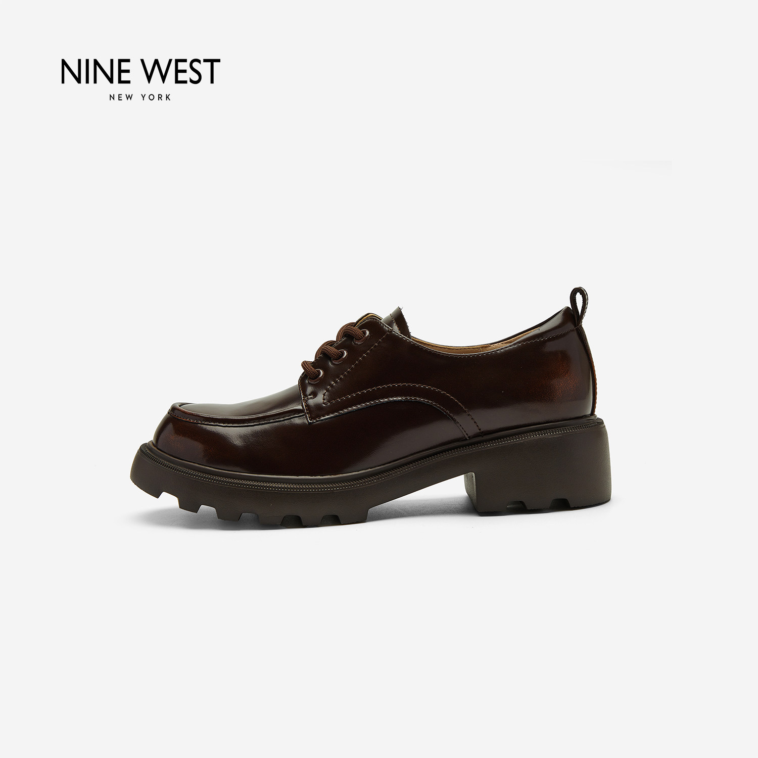 Nine West/玖熙英伦风牛津鞋女圆头厚底系带小皮鞋复古单鞋