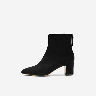 奥莱专供Nine 玖熙2025年弹力靴尖头绒面粗跟瘦瘦靴中跟女靴 West