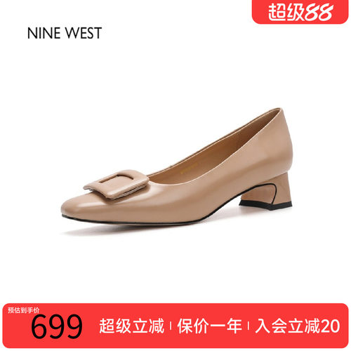 玖熙通勤方扣粗跟漆皮浅口单鞋
