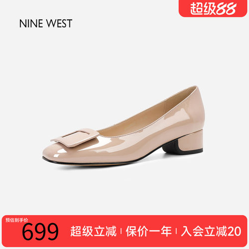 玖熙通勤方扣粗跟漆皮浅口单鞋