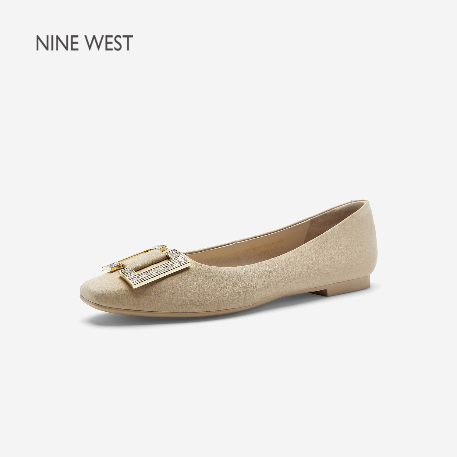 Nine West/玖熙通勤风方扣水钻浅口单鞋女绒面低跟百搭女鞋一脚蹬