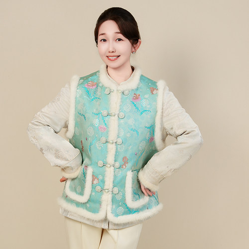 依山锦100桑蚕丝鹅绒貂毛宋锦马甲刺绣国风新中式秋冬外穿羽绒女
