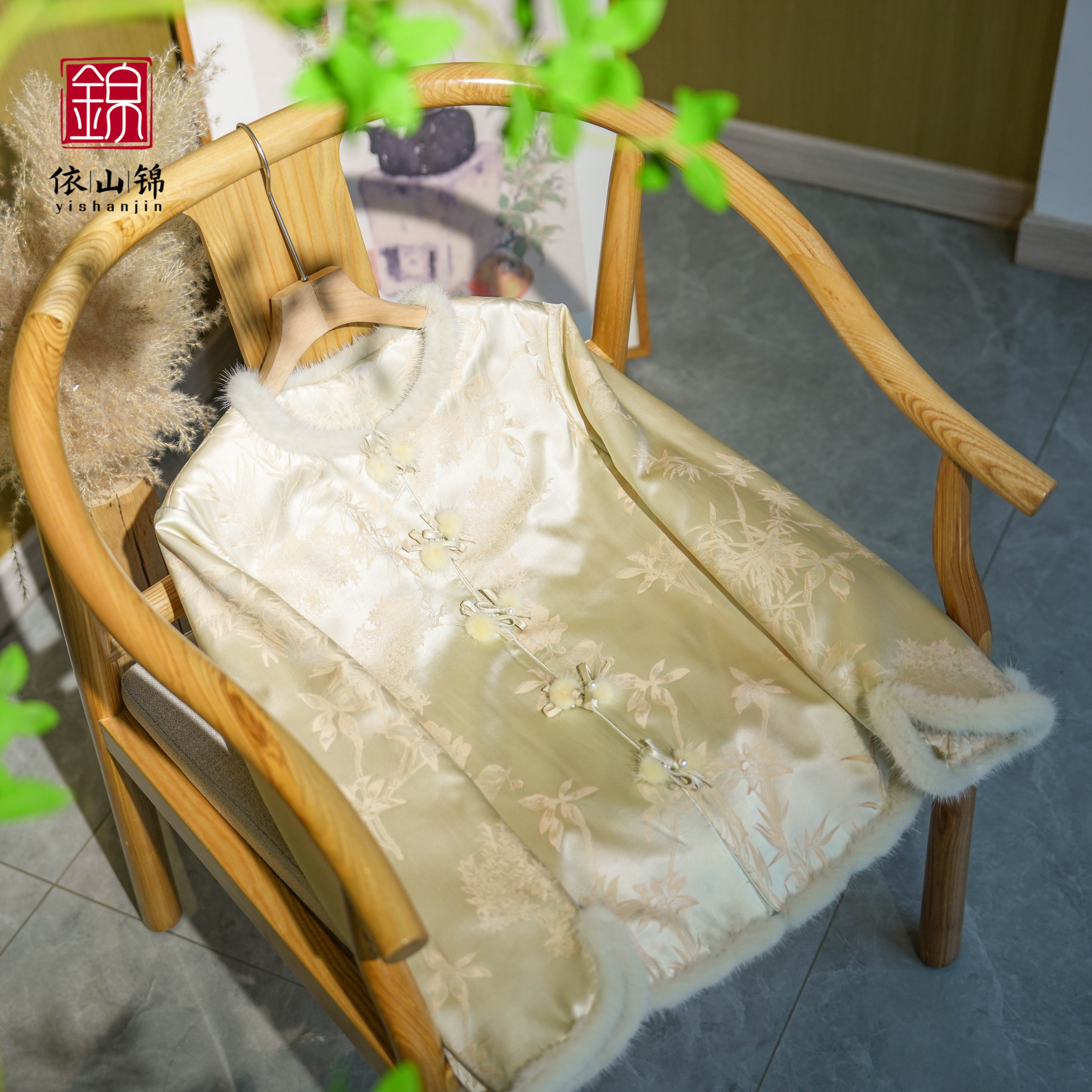 【等烟雨】100桑蚕丝新中式冬季国风棉服外套提花水貂毛小棉袄