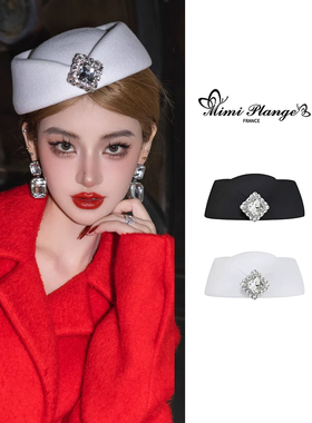 MIMI PLANGE白色帽子新款复古方钻扣平顶礼帽高级感女