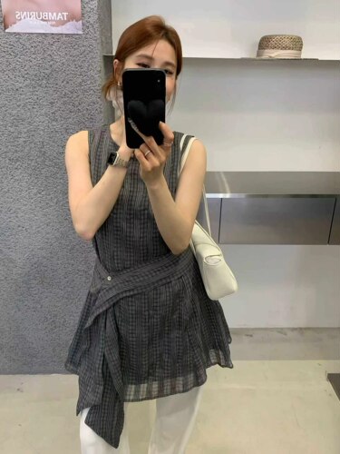 Eter 夏韩系复古格纹机理质感系带无袖女修身显瘦中长背心连衣裙