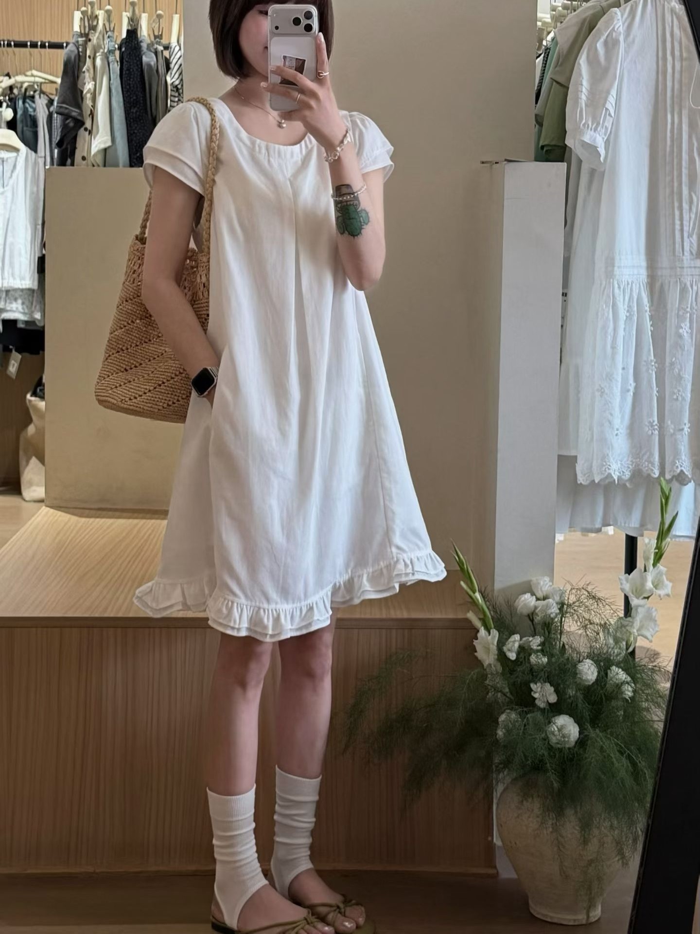 Eter 夏韩系甜美木耳边裙摆短袖连衣裙女宽松显瘦娃娃衫短裙裙子图片