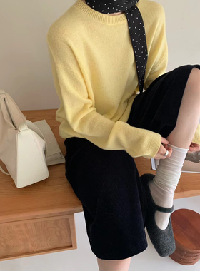 Eter 25韩春新款温柔软糯慵懒风全羊毛圆领针织宽松显瘦打底衫女