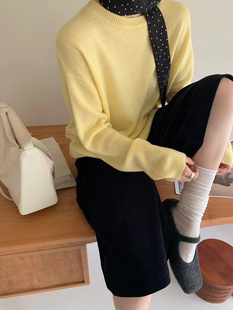 Eter 25韩春新款温柔软糯慵懒风全羊毛圆领针织宽松显瘦打底衫女