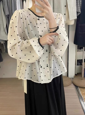 Eter 24韩新法式圆领爱心印花单排扣宽松长袖衬衫女设计感小众潮