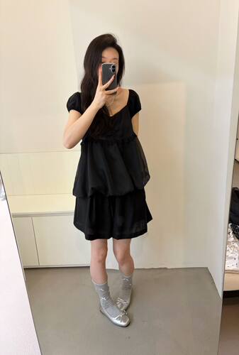 Eter 夏新韩ins纯欲风褶皱V领泡泡袖上衣女宽松短款花苞感娃娃衫