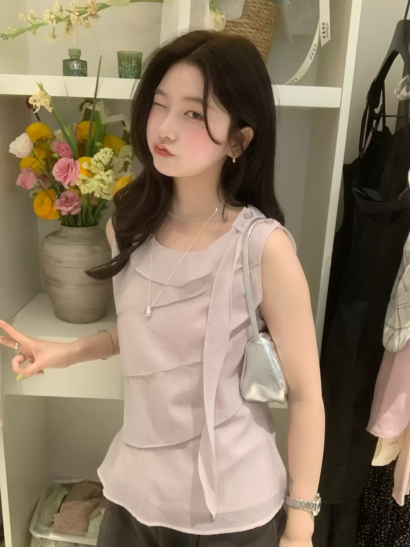 Eter 26韩系紫粉清新斜剪解构不规则飘带设计轻纱背心无袖上衣图片