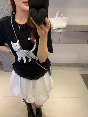 Eter 韩春夏可爱猫咪短袖印花T恤女拼接学院风花边百搭上衣