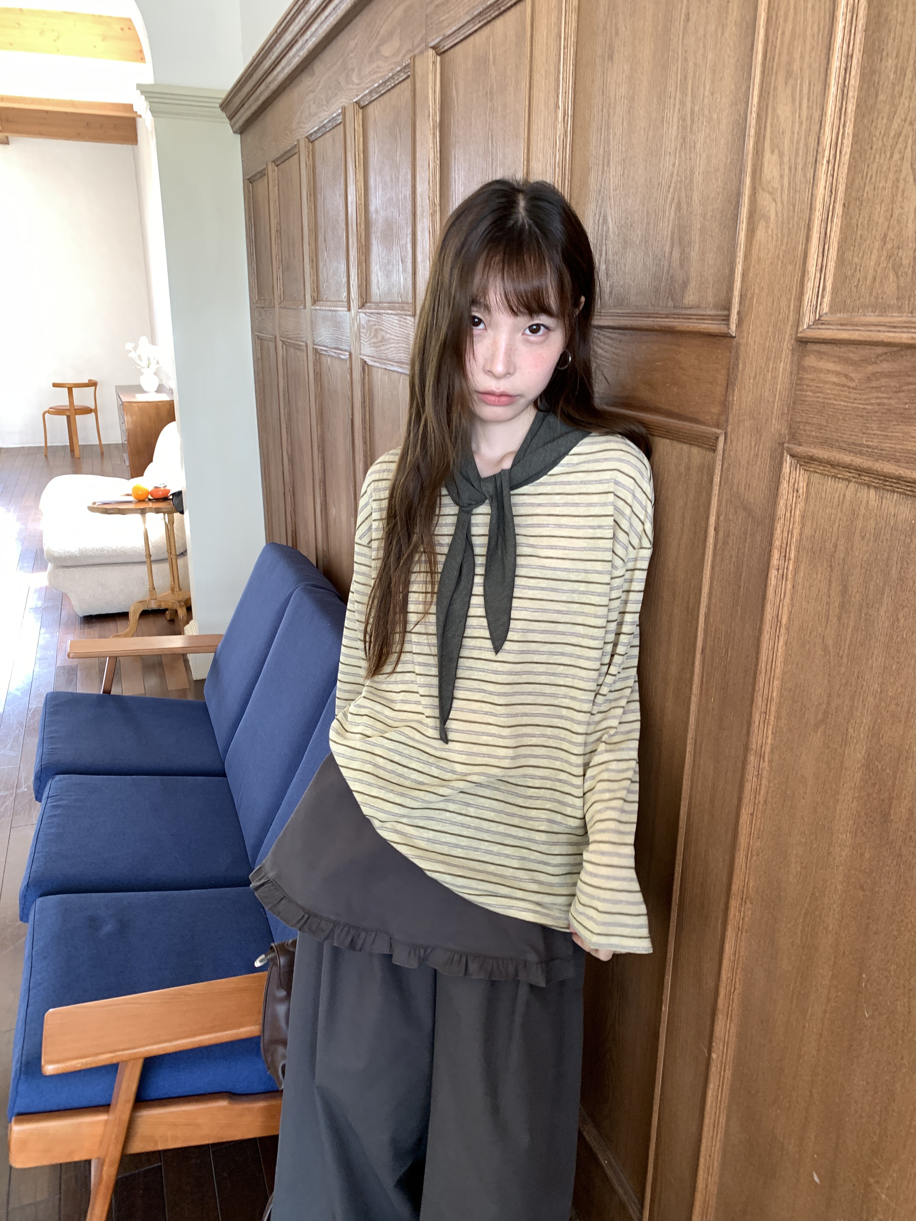 Eter 26早秋韩系软糯慵懒风翻领撞色POLO领长袖T恤女条纹宽松上衣图片