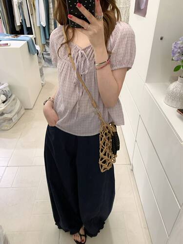 Eter 夏韩系复古格纹系带泡泡袖短袖衬衫女设计感小众显瘦上衣ins