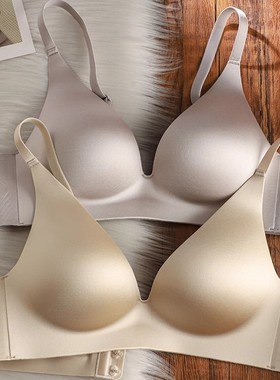 薄款缎面一片式无痕内衣女小胸聚拢上托无钢圈收副乳防下垂文胸罩