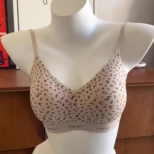 复古豹纹圆圆胸内衣女小胸微聚拢无痕无钢圈固定杯提拉上托文胸罩