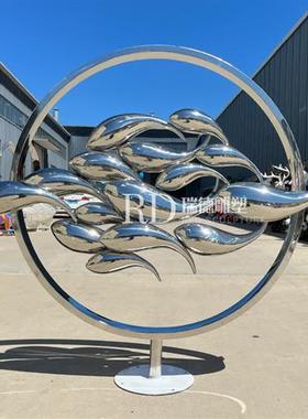 彷真小鱼抽象鱼雕塑售楼部水池装饰不锈钢切片鱼群海洋海豚摆件