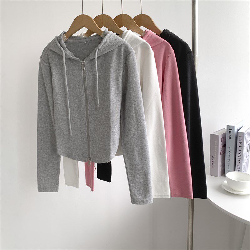 速发蛇骨纹双头拉链短款连帽卫衣纯欲风高腰纯色短外套舞蹈上衣