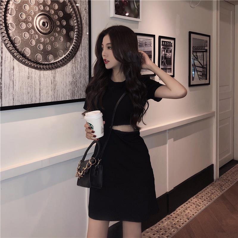 速发露背连衣黑夏气质新0212款小心机收腰裙色赫本风长裙子