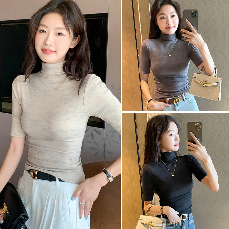 修身半高领五分袖T恤女显瘦打底衫针织短袖透气半开领休闲风上衣