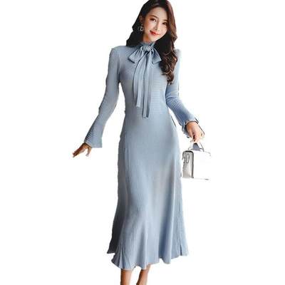 Womens high hem knitted dress with lace-up half turtleneck