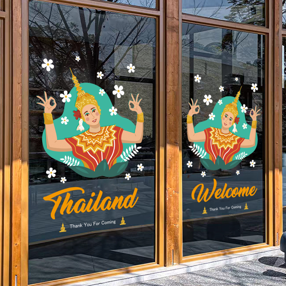 东南亚泰国餐厅料理玻璃装饰贴纸泰式风情酒店SPA按摩养生店布置