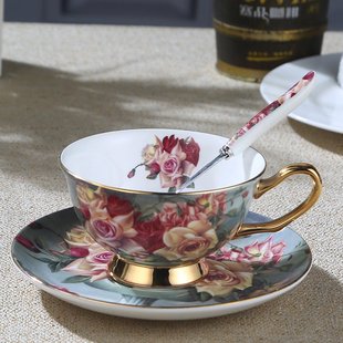 高颜值茶杯家用户外办公室精致礼品 骨瓷纯手工描金咖啡杯配勺欧式