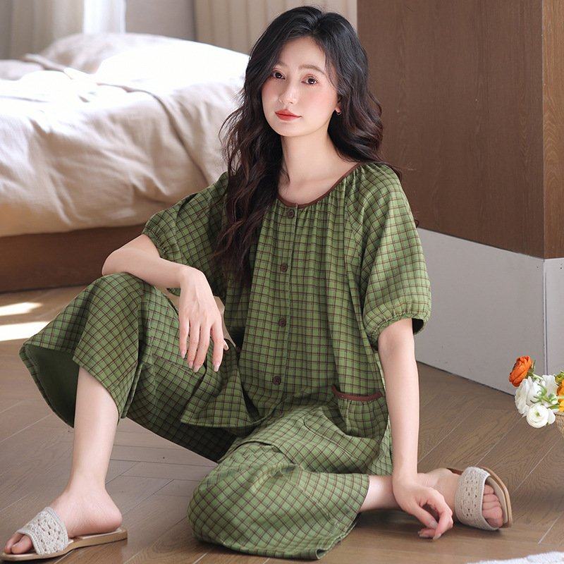 纯棉短袖睡衣女士夏季薄款可外穿中年妈妈春夏季九分裤家居服套装,居家布艺,汗蒸服,淘宝优惠券,粉丝福利购,淘宝优惠卷