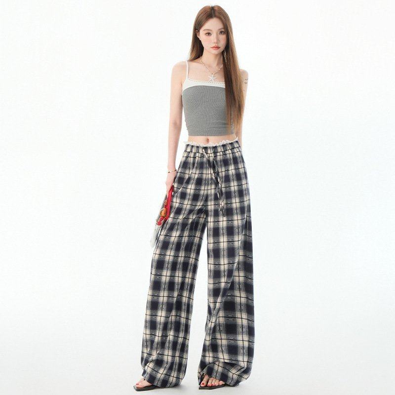 韩版蕾丝抽绳设计感格子休闲裤女宽松显瘦拖地裤高腰百搭直筒裤薄,女装/女士精品,大码裤装,淘宝优惠券,粉丝福利购,淘宝优惠卷