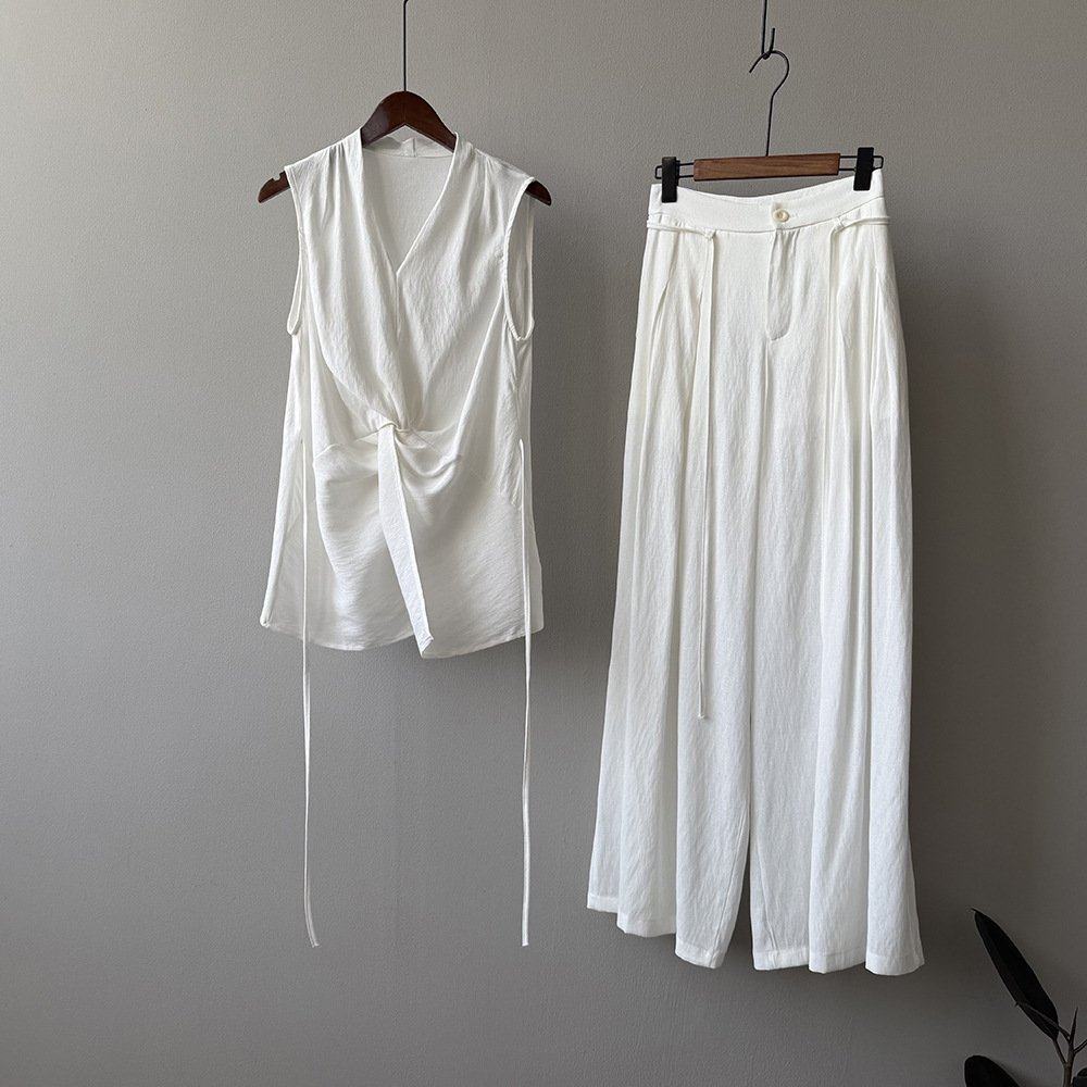 言双 设计感扭结无袖衬衫套装女 夏季气质上衣+阔腿拖地长裤82352,女装/女士精品,大码套装,淘宝优惠券,粉丝福利购,淘宝优惠卷