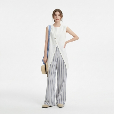 高级松弛感无袖上衣套装女夏季2026新款背心叠穿条纹阔腿裤两件套