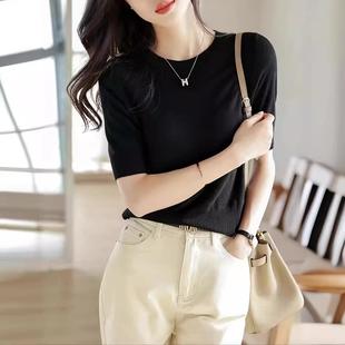 ladies short color round neck Solid sleeve shirt pullover