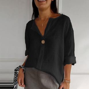 and Loose Top Women neck Button Linen Cotton shirt