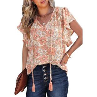Tops Womens Shirt Short Casual Loose Floral Collar Sleeve