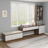 实木飘窗书桌书柜一体阳台储物柜可坐柜卧室窗台地柜矮柜置物定制