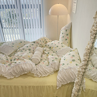法式 少女波浪宽花边被套公主风小碎花水洗棉四件套床裙三件套床单