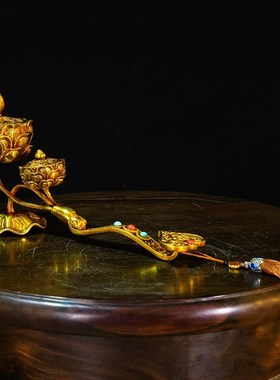 藏式尼泊尔工艺纯铜莲花行炉精品仿古鎏金莲花如意香熏炉八寸摆件