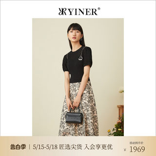 YINER音儿女装针织拼接印花网纱连衣裙