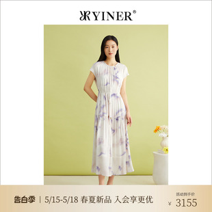 YINER音儿2024夏季 弹力珍珠缎印花连衣裙 新款 柔润真丝