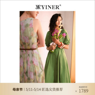 YINER音儿女装夏季复古方领系带收腰泡泡袖连衣裙